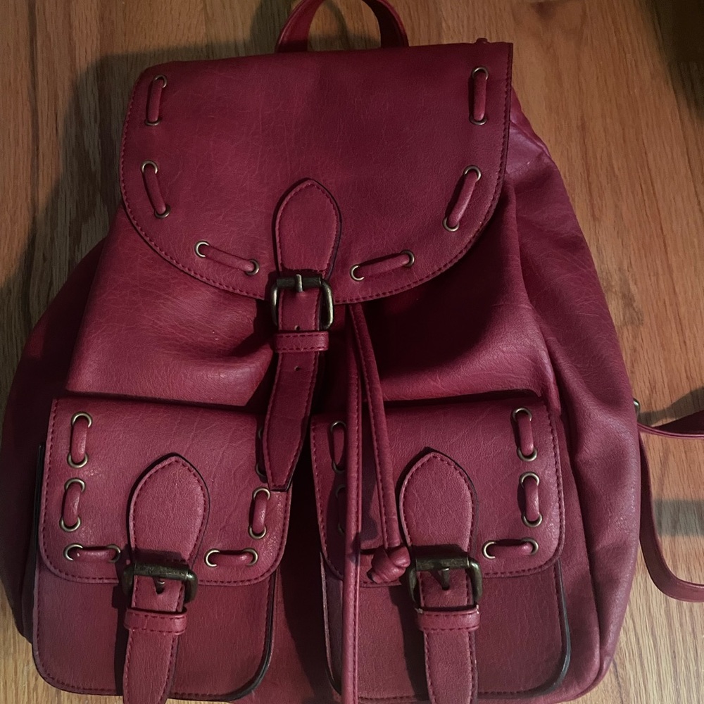Dark red faux leather backpack, great condition!